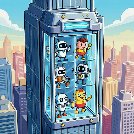 Digital art: Cartoon-style cityscape with a futuristic glass box holding six colorful robot characters with human-like features, floating among skyscrapers.