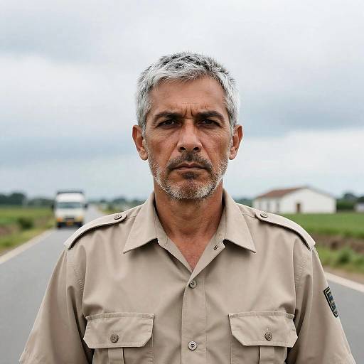 Serious Middle-aged Man in Beige Uniform on Rural Road
