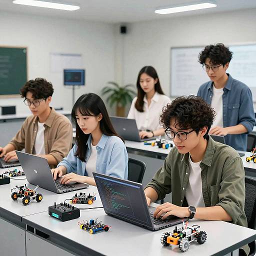 Photograph of five Asian young adults in a bright, modern classroom, working on laptops with small robotic kits on their desks.