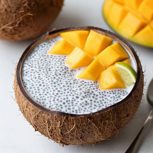 Photograph of a coconut topped with white, speckled smoothie, yellow mango pieces, and a lime wedge, set against a white background.