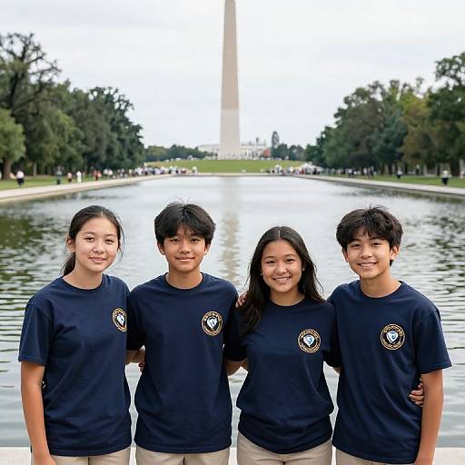 Photograph of four Asian teenagers, three boys and one girl, standing in front of a reflecting pool with a tall monument in the background, all wearing