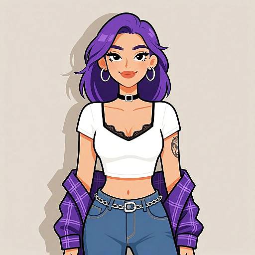 Digital drawing of a smiling woman with purple hair, white crop top, black lace trim, blue jeans, chain belt, plaid jacket, hoop earrings