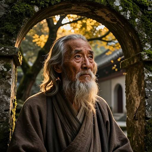 Photograph of an elderly Asian man with long, silver hair and a white beard, wearing a dark robe, standing under a mossy archway,