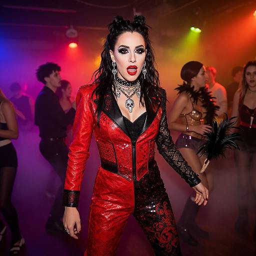Photograph of a dramatic, gothic woman in a red and black lace-patterned jumpsuit, black choker, and dark hair, dancing in