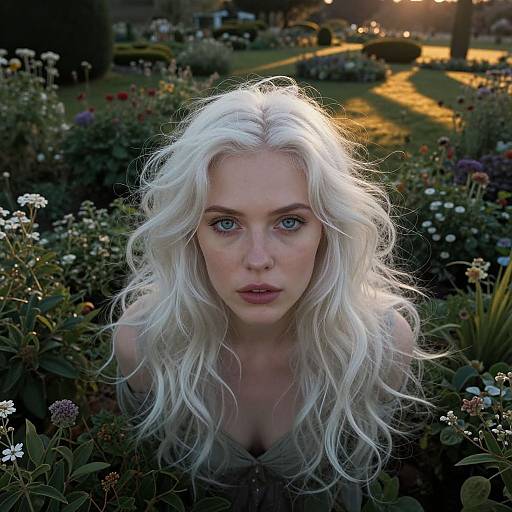Photograph of a fair-skinned woman with long, wavy platinum blonde hair, blue eyes, and a surprised expression, surrounded by colorful flowers in