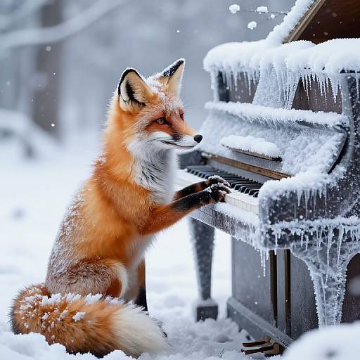 Photograph of a red fox with white underbelly and black-tipped ears, sitting on snow-covered ice-encrusted piano in a winter