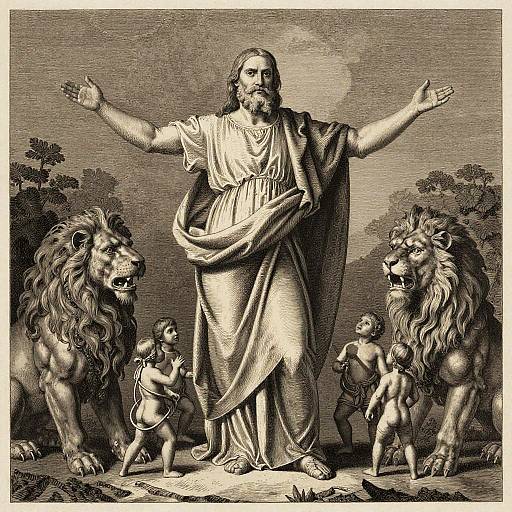 Black-and-white engraving of a bearded Jesus with outstretched arms, flanked by two roaring lions, and four small children.