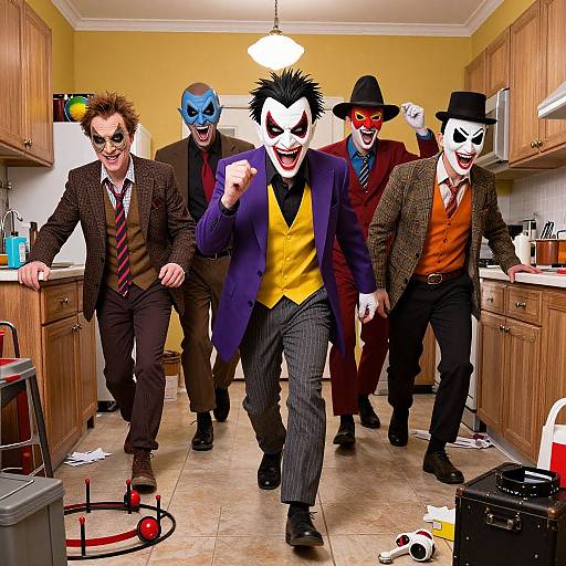 Photograph of five Joker characters in a kitchen, dressed in various suits and hats, with exaggerated makeup, laughing and running forward. Background: wooden cabinets