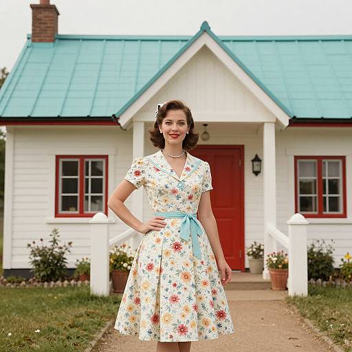 Photograph of a smiling woman in a vintage floral dress with blue bow, standing in front of a white cottage with turquoise roof.