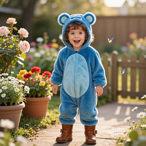 Photograph of a joyful toddler in a blue bear onesie with ears, standing in a sunny garden, surrounded by colorful flowers and butterflies, wearing brown