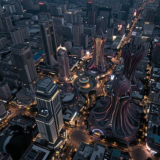 Aerial photograph of a bustling, illuminated cityscape at night, showcasing modern skyscrapers, neon lights, and intricate, swirling road patterns.