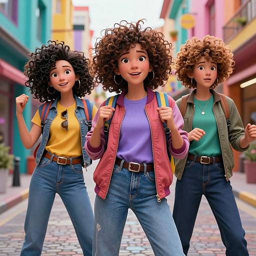 Digital illustration of three curly-haired women with big afros, walking down a colorful, cobblestone street. They wear denim jackets, high-wa