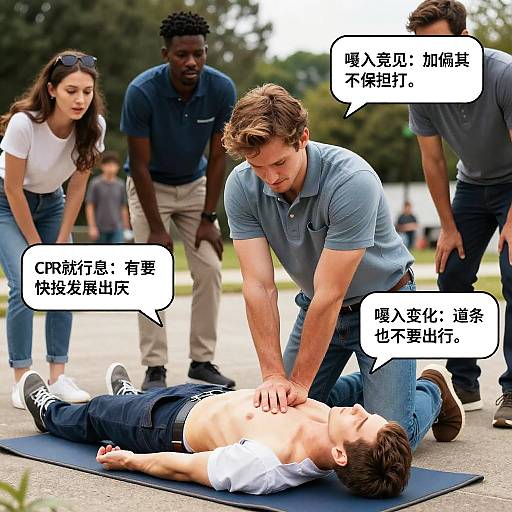 Photograph: A Caucasian man with brown hair, in a blue polo, performs massage on a shirtless boy on a mat, with three diverse adults