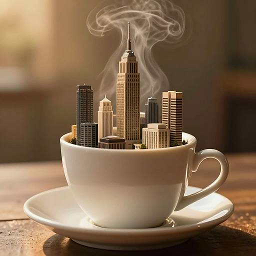 Photograph of a white coffee cup with a saucer, filled with miniature, steaming skyscrapers, set on a wooden table.