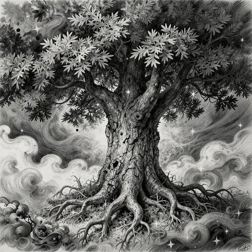 Surreal Cosmic Tree Pencil Drawing