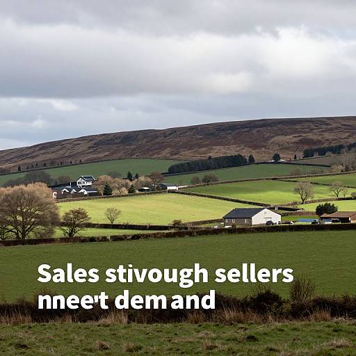 Photograph of rolling countryside with green fields, white houses, and a hill under cloudy sky. Text reads 