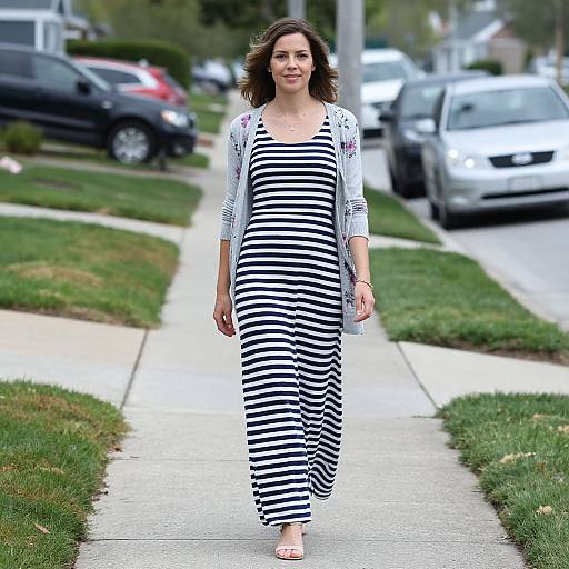 Photograph of a smiling woman with shoulder-length brown hair, wearing a black-and-white striped dress and white cardigan, walking on a suburban sidewalk with