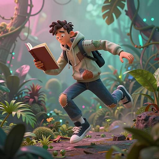 Anthropomorphic Bookish Character Leaping in Jungle