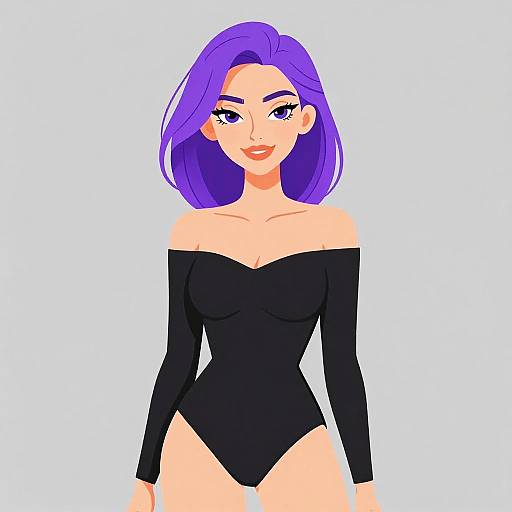 Digital drawing of a woman with purple hair, off-shoulder black leotard, light skin, and confident expression, set against a white background