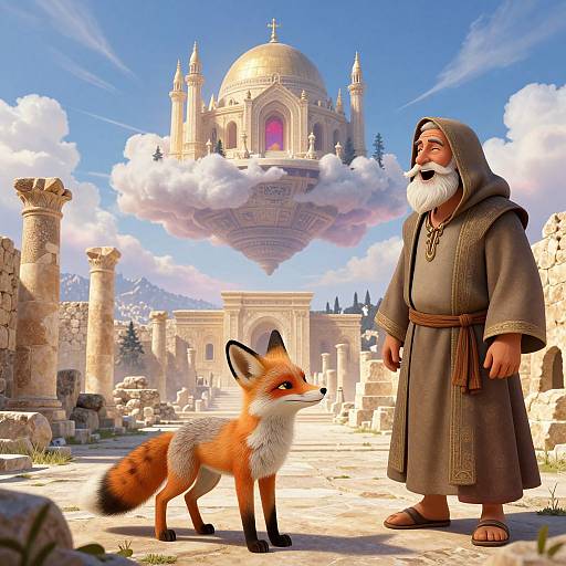 Digital illustration: Older man with white beard and robe, standing beside a red fox, in front of ancient ruins with a floating golden dome temple in a