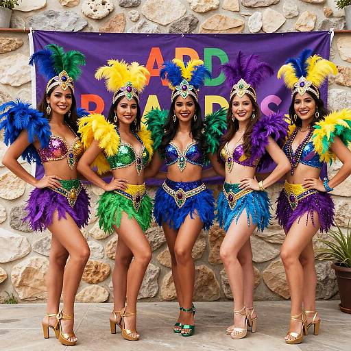 Five smiling women in colorful feathered Carnival outfits stand in front of a stone wall with a 