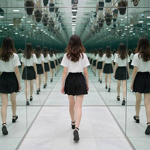 Photograph of a woman with long brown hair, white shirt, black skirt, and black shoes, walking away in a mirrored hallway, reflections creating a