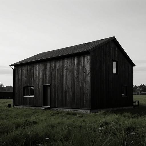 Photograph of a dark, weathered wooden barn with a gabled roof, standing alone in a grassy field under an overcast sky.