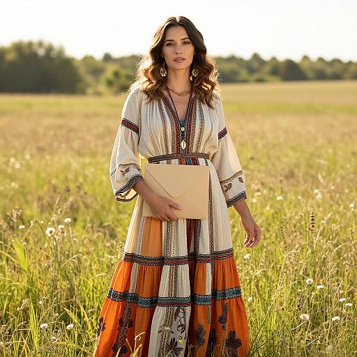 Photograph of a woman with wavy brown hair, wearing an orange and white embroidered dress, holding a beige folder, standing in a sunlit,