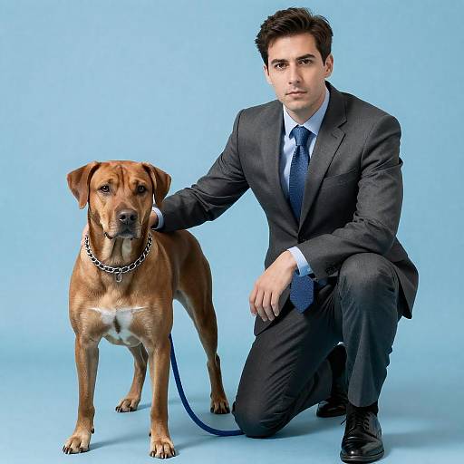 Man in Suit with Brown Dog on Blue Background