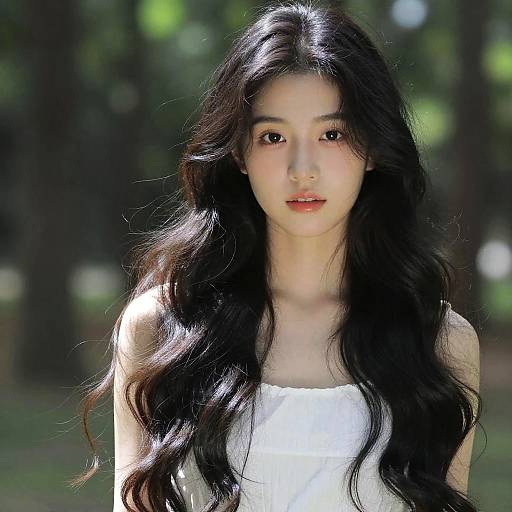 Photograph of an East Asian woman with long, wavy black hair, wearing a white strapless top, standing in a sunlit forest. Her