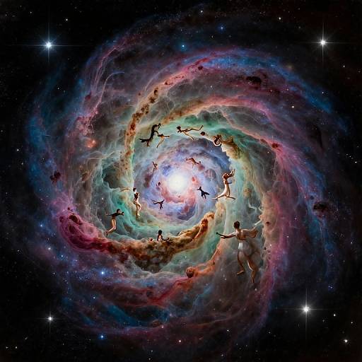 Photograph of a vibrant, swirling galaxy with colorful gas clouds and silhouetted human figures dancing around a bright, glowing center.