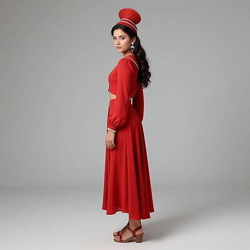 Photograph of a South Asian woman in a red traditional long dress, matching headpiece, and brown wedge sandals, standing side-on against a plain gray