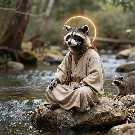 Photograph of a raccoon wearing a beige robe, sitting on a rock in a forest stream, with a glowing halo above its head, accompanied by