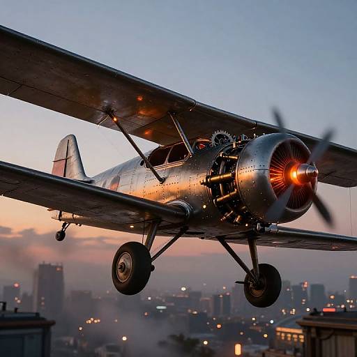 Photograph of a silver, vintage biplane with spinning propeller, illuminated by sunset, flying over a cityscape with blurred buildings and evening lights.