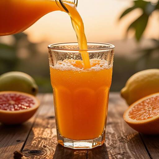 Photograph of a bright orange juice being poured into a glass on a wooden table, surrounded by halved grapefruits and limes. Sunlight