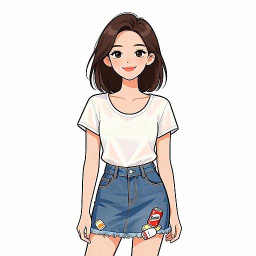 Smiling Woman in Quirky Denim Skirt