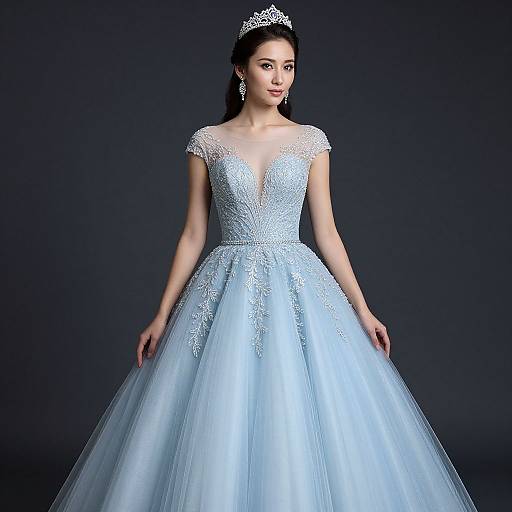 Photograph of an Asian woman with fair skin, wearing a light blue, lace-embellished ball gown with a full tulle skirt, and