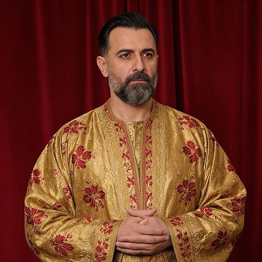 Photograph of a middle-aged man with a dark beard and mustache, wearing a gold embroidered traditional shirt, standing against a red velvet backdrop. Hands