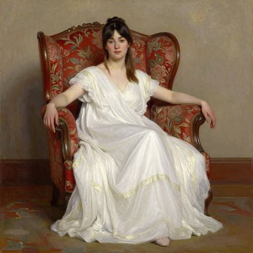 Photorealistic painting of a pale-skinned woman with dark hair, wearing a white, flowing gown, sitting in an ornate red floral armchair