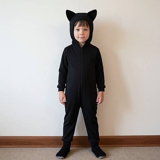 Photograph of a young boy standing against a white wall, wearing a black cat onesie with ears and black socks.