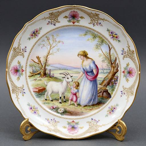 Ornate porcelain plate with detailed painting of a woman in white dress, child in pink, and white goat in a pastoral scene, surrounded by floral