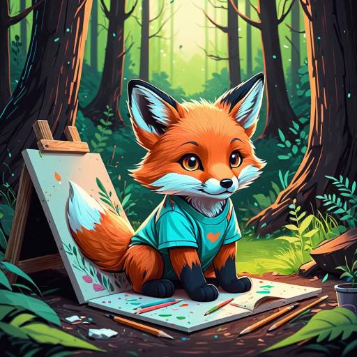 Chibi Fox Cub Painting in Forest