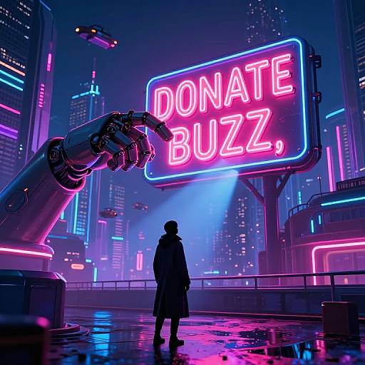 Neon-lit cybercity: robotic arm points to vibrant 