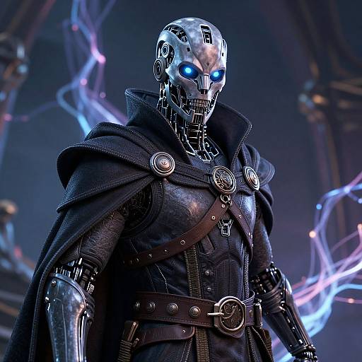 CGI image of a cybernetic warrior with a silver skull head, glowing blue eyes, dark cloak, and metallic armor, surrounded by electric blue