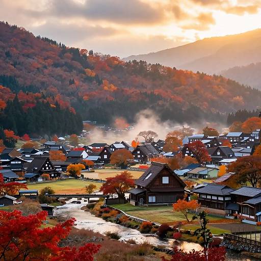 Photograph of a picturesque, autumnal village with colorful trees, traditional houses, a flowing river, and misty hills under a radiant sunset sky.