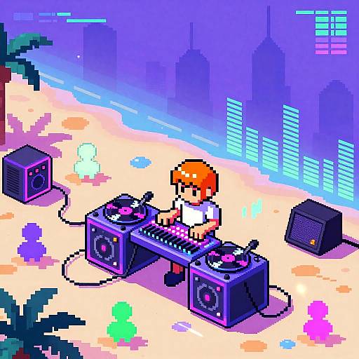 Pixel Art Vaporwave Beachside DJ