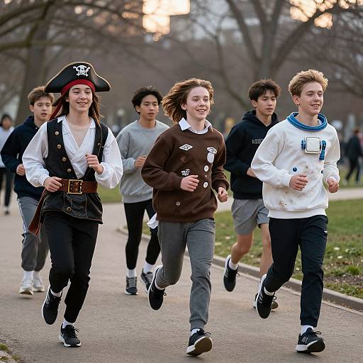 Photograph of diverse group of young people running outdoors at sunset, with one girl in a pirate costume and others in casual clothes.