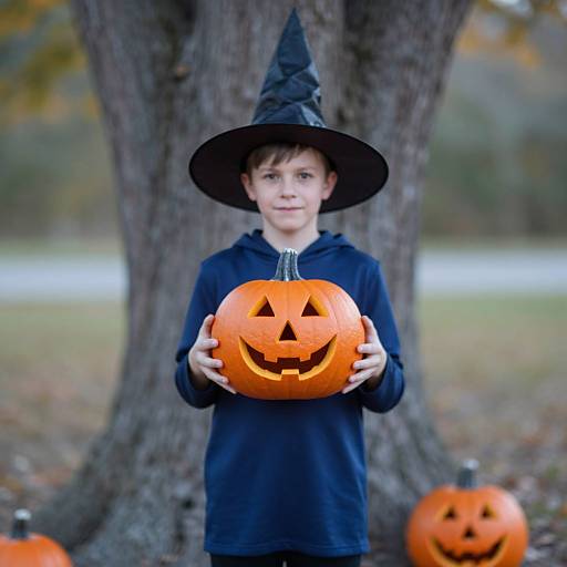 Young boy in black witch hat, holding carved orange pumpkin with a jack-o'-lantern face, standing before a large tree in a blurry autumn park