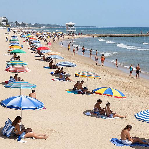 Photograph of a crowded, sunny beach with colorful umbrellas, people lounging, and waves in the background; blue sky overhead.