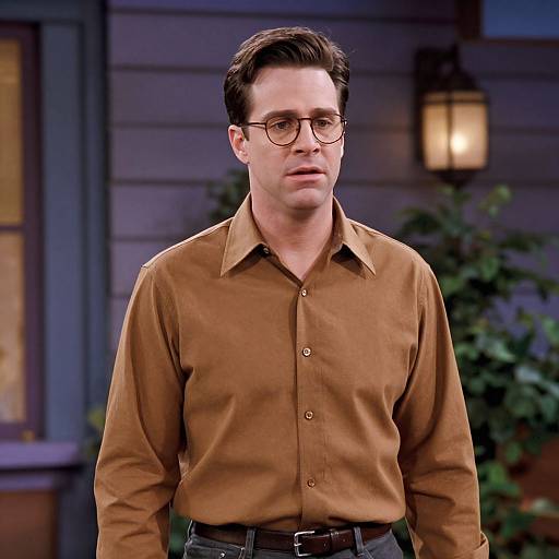 Photograph of a white man with short dark hair, glasses, brown button-up shirt, black belt, standing outdoors in front of a blue house with